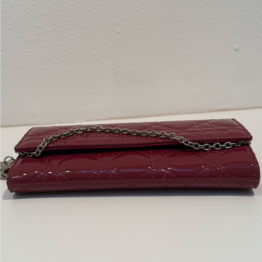 Christian Lady Dior Fuchsia Patent Leather Cannage Rendezvous Wallet Chain WOC - Picture 6 of 11